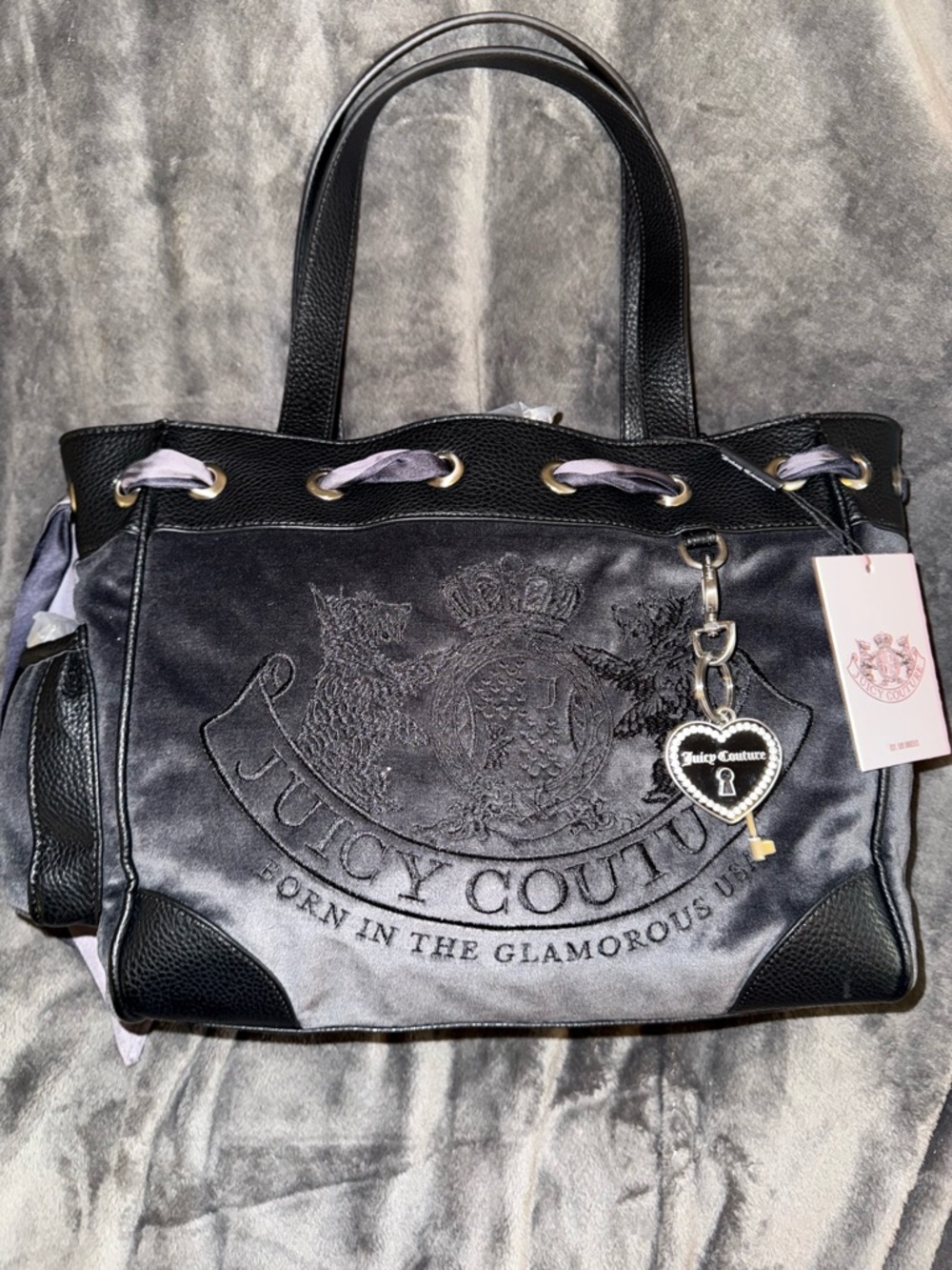 Juicy Couture UK charcoal gray with black Scottie dog twig dog daydreamer - NWT!
